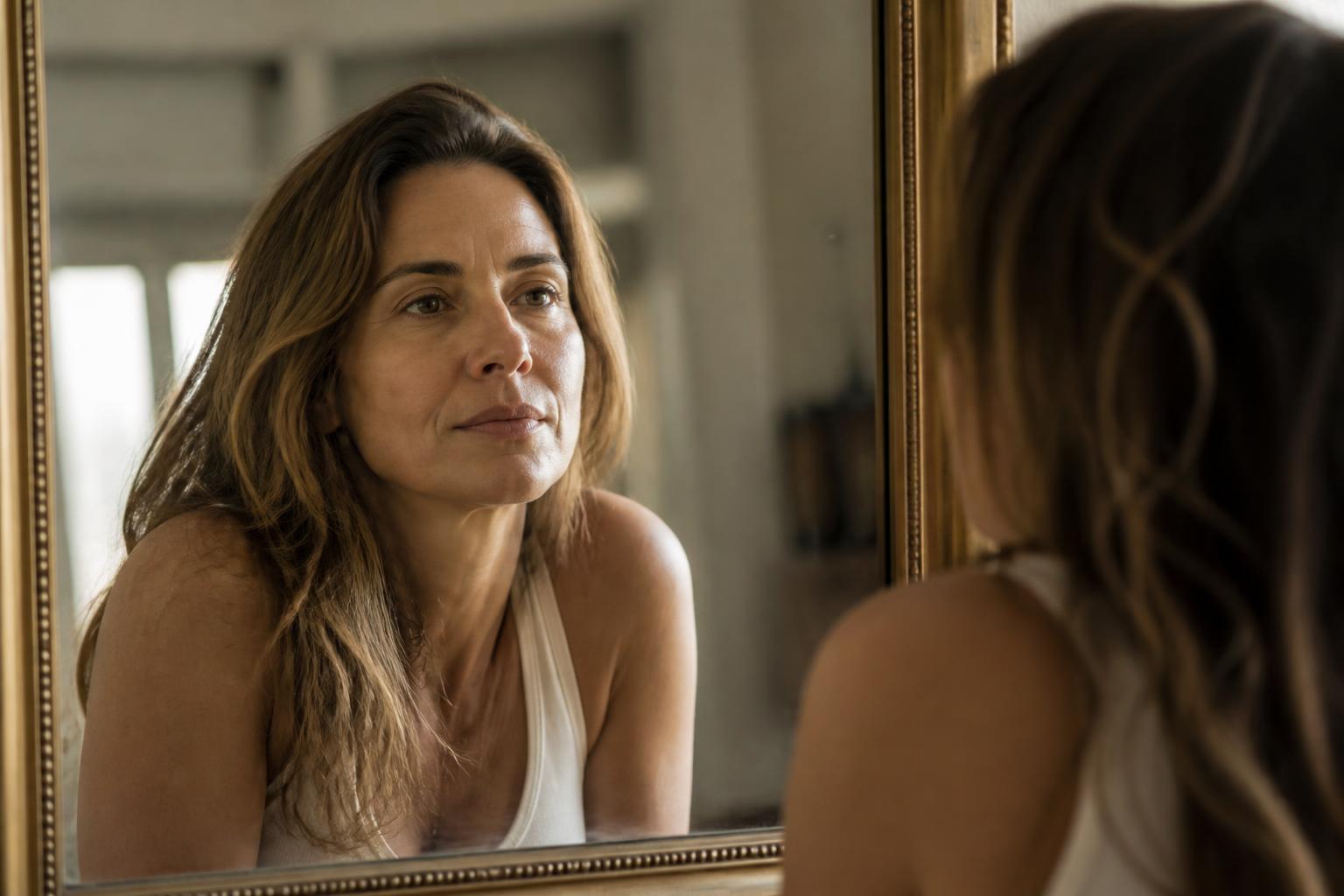Mulher observando o próprio reflexo no espelho